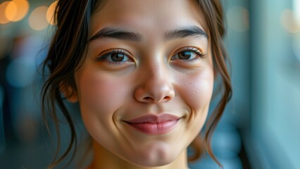 Meditation for students under pressure helps young woman find calm and smile gently with peaceful expression in soft natural light