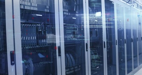 Code overlays appearing on glass server racks while camera panning rightward visualizing data flow - Powered by Adobe