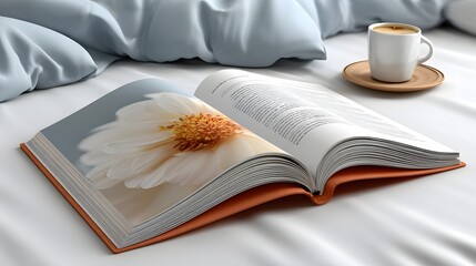 Open Book with Flower Illustration and Coffee Cup on Bedside Table
