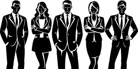Vector  illustration of five business professionals in suits standing in a row in black and white style