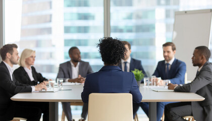 The back of a leader organizing a meeting against a blurry modern office backdrop.