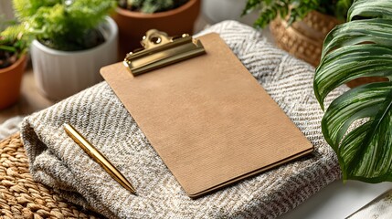 Wooden Clipboard with Gold Clip and Pen on Textured Blanket Surrounded by Green Plants in Indoor Setting