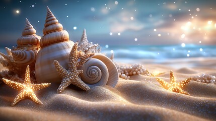 Seashells glistening in the sun as the tide begins to recede, leaving behind a beautiful mosaic of colors and patterns in the sand.