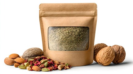 Brown Kraft Paper Bag of Mixed Dried Herbs and Nuts with Walnuts and Almonds