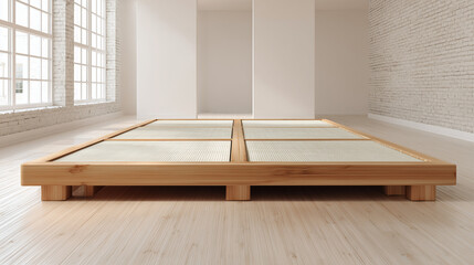 Fototapeta premium Minimalist Bamboo Platform Featuring Tatami Mat Insert for Zen Inspired Interior Offering Tranquil Natural Comfort