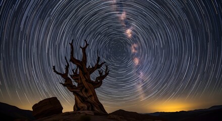 A long exposure night sky photograph showing circular star trails and the Milky Way galaxy above an ancient, gnarled bristlecone pine tree. A concept of time, astronomy, and nature