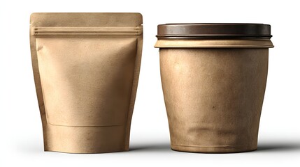 Plain Brown Paper Packaging Bag and Container with Lid for Food Storage or Takeout