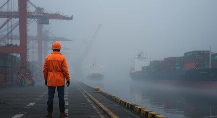 Port worker observes container ships in dense fog at a busy industrial harbor terminal on an overcast day for maritime transport