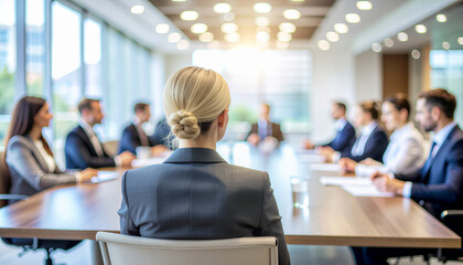 The back of a leader organizing a meeting against a blurry modern office backdrop.