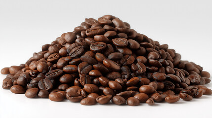 Rich Aromatic Coffee Beans Piled Neatly on Crisp White Background Highlighting Premium Roasted Bean Flavor