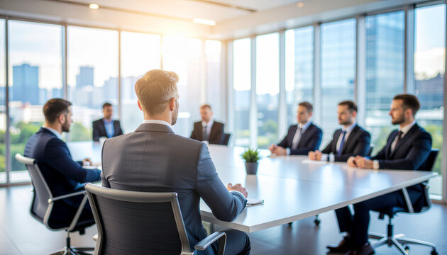 The back of a leader organizing a meeting against a blurry modern office backdrop.