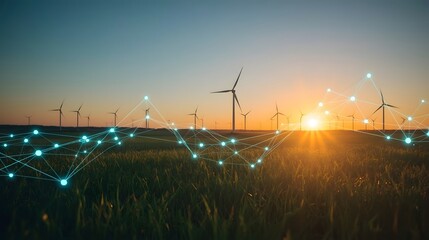 Sunset over a wind farm with glowing digital network lines overlaying the landscape, symbolizing renewable energy, smart grid technology, and the future of sustainable power infrastructure.

