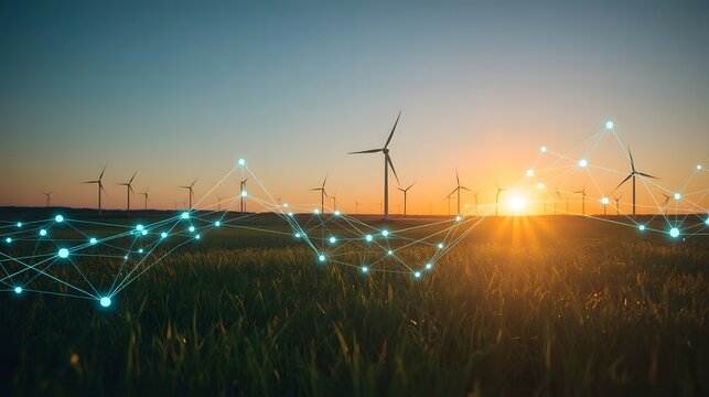 Sunset over a wind farm with glowing digital network lines overlaying the landscape, symbolizing renewable energy, smart grid technology, and the future of sustainable power infrastructure.

 - Powered by Adobe