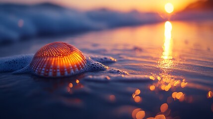 A collection of polished seashells on a golden beach, with soft sunlight casting warm glows on the sand, and the ocean gently rolling in.