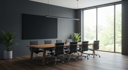 Modern conference room interior featuring wooden table black chairs and ample natural light creates professional business meeting space