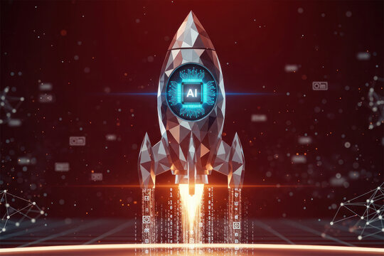 Futuristic digital rocket launching with AI technology, glowing circuits, data streams, and a dark red background, symbolizing innovation and technological progress