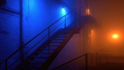 Misty industrial stairs lit by vibrant blue and orange