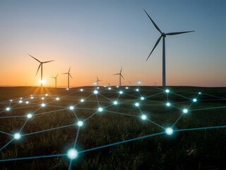 Sunset over a wind farm with glowing digital network lines overlaying the landscape, symbolizing renewable energy, smart grid technology, and the future of sustainable power infrastructure.

