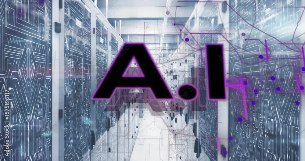 Poster Animated 3D AI text fading into server corridor on startup, pulsing nodes visualizing network link