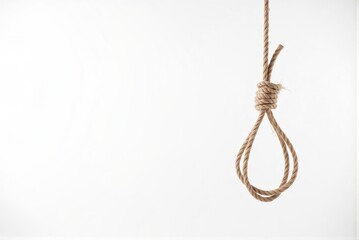 Somber Hanging Hemp Rope Noose on Pure White Background