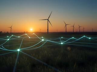 Sunset over a wind farm with glowing digital network lines overlaying the landscape, symbolizing renewable energy, smart grid technology, and the future of sustainable power infrastructure.

