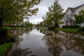 Obraz premium Flooded Suburban Street After Heavy Rain, Reflections of Houses, Weather, Disaster, Crisis