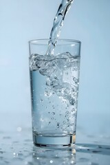 Fresh clear water being poured into a transparent glass with visible bubbles and splash, symbolizing purity, hydration, health, and clean drinking water in a minimal studio setting.

