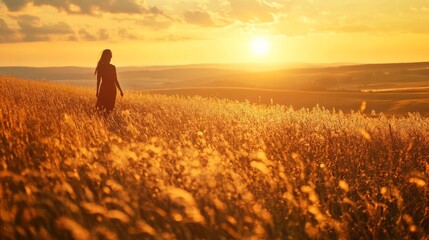 A woman walks through a field of tall grass at sunset, silhouetted against the golden sky.
