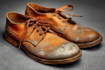 A pair of worn brown leather shoes with laces sitting on a gray surface in a close up shot view