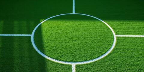 Green grass center circle of soccer field, white lines visible,  turf,  white