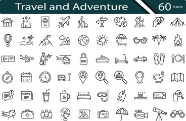 Essential Travel and Adventure Icon Set for Vacation, Tourism, and Exploration.