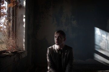 A young man in a suit sitting in a dimly lit room with a window and vines visible outside the window