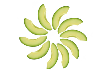 Freshly sliced avocado pieces arranged in a circular pattern isolated on transparent background