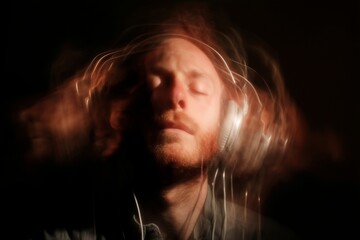 A blurred image of a man with long hair and a mustache wearing headphones with his eyes closed