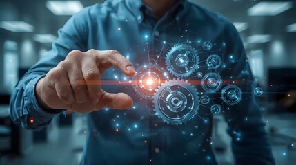 Futuristic interface with a human hand interacting with a glowing digital core, surrounded by holographic HUD graphics and blue technology elements, symbolizing innovation and control.

