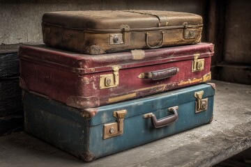 A stack of three vintage suitcases in brown red and blue colors with old metal clasps and leather handles