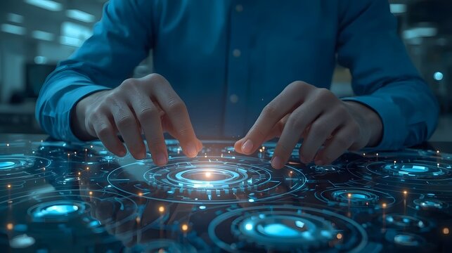 Futuristic interface with a human hand interacting with a glowing digital core, surrounded by holographic HUD graphics and blue technology elements, symbolizing innovation and control.

