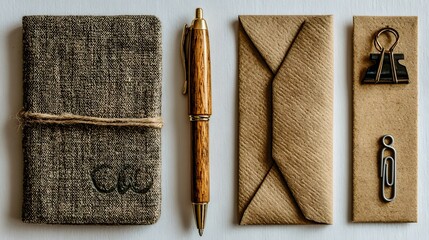Organized Stationery Set with Notebook Pen Paperclips and Envelope on White Surface