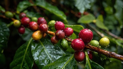 Obraz premium Ripe and unripe coffee cherries glisten with morning dew on a lush green branch in an organic plantation