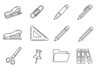 A collection of office supplies depicted in a line art style