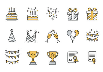 A grid of icons depicting celebration elements like cake gifts and party hats