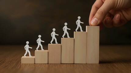 Conceptual image of human development, leadership, and career growth showing paper cutout figures ascending wooden blocks as a hand places the final step, symbolizing success and support.

