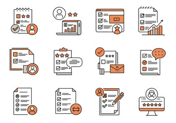 A set of twelve icons illustrating online survey concepts with checklists charts and rating stars on documents and screens
