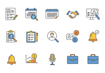 An assortment of business icons including calendars documents and handshakes