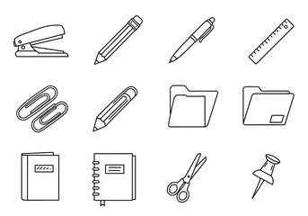 Black  white line art shows officeschool supplies including pens folders stapler scissors ruler clips  pencils