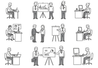 Black  white office scene with people working collaborating presenting data and using technology