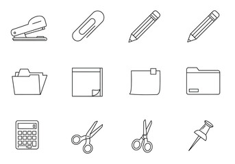 Blackandwhite line art of office supplies stapler paperclip pencils sticky notes folders calculator scissors push pin
