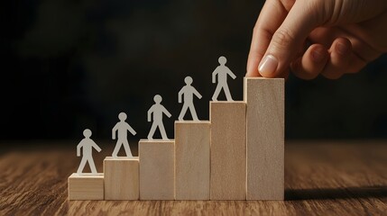 Conceptual image of human development, leadership, and career growth showing paper cutout figures ascending wooden blocks as a hand places the final step, symbolizing success and support.

