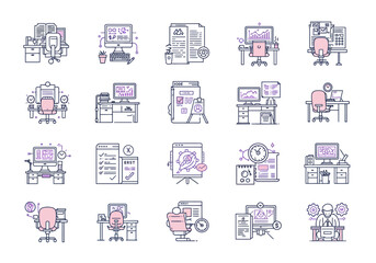 Collection of 20 office  desk icons Each icon has a pink desk chair computer  paper