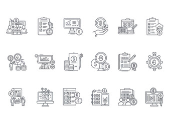 Collection of 18 financial icon illustrations documents graphs currencies checklists and figures